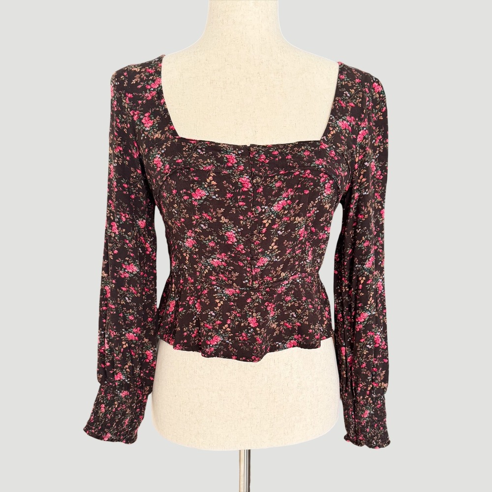 American Eagle Floral Square Neck top Brown XS Long Sleeve Smocked coquette boho